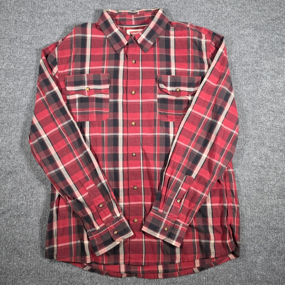 Levis Mens XL Long Sleeve Plaid Button Down Shirt Red Black 100% Cotton 3LSLW167
